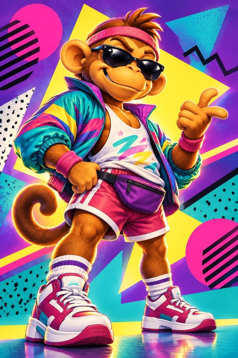 O mascote do Blockin em pose anos 90, de corta-vento colorido e óculos escuros, apontando pra frente