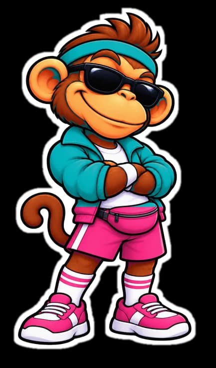 Mascote do Blockin, macaco de jaqueta turquesa e short rosa, de braços cruzados